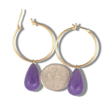 Load image into Gallery viewer, 14K Yellow Gold Hoop Lavender Jade Dangle Earrings