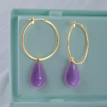 Load image into Gallery viewer, 14K Yellow Gold Hoop Lavender Jade Dangle Earrings