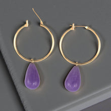 Load image into Gallery viewer, 14K Yellow Gold Hoop Lavender Jade Dangle Earrings