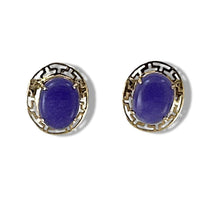 Load image into Gallery viewer, 14K Yellow Gold Chinese Pattern Oval Purple Jade Earrings