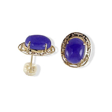 Load image into Gallery viewer, 14K Yellow Gold Chinese Pattern Oval Purple Jade Earrings