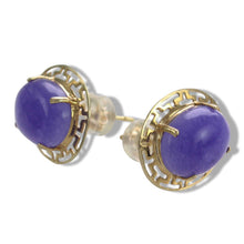 Load image into Gallery viewer, 14K Yellow Gold Chinese Pattern Oval Purple Jade Earrings