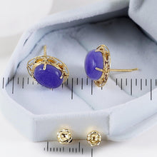 Load image into Gallery viewer, 14K Yellow Gold Chinese Pattern Oval Purple Jade Earrings