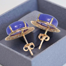 Load image into Gallery viewer, 14K Yellow Gold Chinese Pattern Oval Purple Jade Earrings