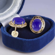 Load image into Gallery viewer, 14K Yellow Gold Chinese Pattern Oval Purple Jade Earrings