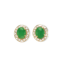 Load image into Gallery viewer, 14K Yellow Gold Chinese Pattern Oval Green Jade Earrings