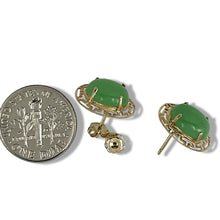Load image into Gallery viewer, 14K Yellow Gold Chinese Pattern Oval Green Jade Earrings