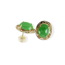 Load image into Gallery viewer, 14K Yellow Gold Chinese Pattern Oval Green Jade Earrings