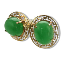 Load image into Gallery viewer, 14K Yellow Gold Chinese Pattern Oval Green Jade Earrings