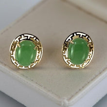 Load image into Gallery viewer, 14K Yellow Gold Chinese Pattern Oval Green Jade Earrings
