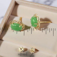 Load image into Gallery viewer, 14K Yellow Gold Chinese Pattern Oval Green Jade Earrings