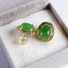 Load image into Gallery viewer, 14K Yellow Gold Chinese Pattern Oval Green Jade Earrings