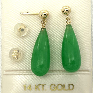 1100663 GREEN JADE TEARDROP 14KT SOLID YELLOW GOLD EARRINGS