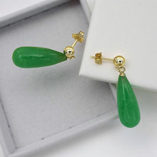 Load image into Gallery viewer, 14K Yellow Gold Green Jade Teardrop Earrings