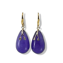 Load image into Gallery viewer, 14K Yellow Gold Sparkling Diamond Raindrop Purple Jade Dangle Hook Earrings