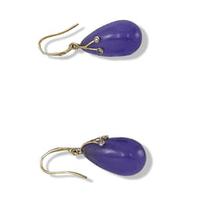 Load image into Gallery viewer, 14K Yellow Gold Sparkling Diamond Raindrop Purple Jade Dangle Hook Earrings