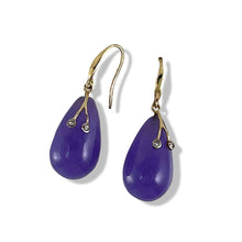 Load image into Gallery viewer, 14K Yellow Gold Sparkling Diamond Raindrop Purple Jade Dangle Hook Earrings