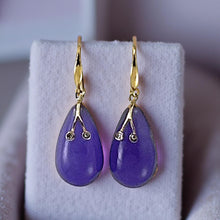 Load image into Gallery viewer, 14K Yellow Gold Sparkling Diamond Raindrop Purple Jade Dangle Hook Earrings