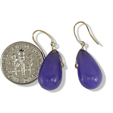 Load image into Gallery viewer, 14K Yellow Gold Sparkling Diamond Raindrop Purple Jade Dangle Hook Earrings