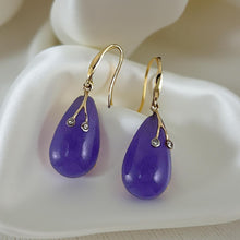 Load image into Gallery viewer, 14K Yellow Gold Sparkling Diamond Raindrop Purple Jade Dangle Hook Earrings