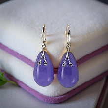 Load image into Gallery viewer, 14K White Gold Sparkling Diamond Purple Jade Hook Earrings