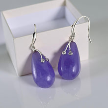 Load image into Gallery viewer, 14K White Gold Sparkling Diamond Purple Jade Hook Earrings