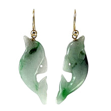 Load image into Gallery viewer, 14K Yellow Gold Fishhook "Good Fortune” Dolphin Jadeite Dangle Earrings