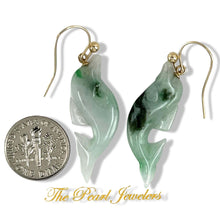Load image into Gallery viewer, 14K Yellow Gold Fishhook "Good Fortune” Dolphin Jadeite Dangle Earrings