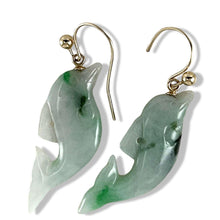 Load image into Gallery viewer, 14K Yellow Gold Fishhook "Good Fortune” Dolphin Jadeite Dangle Earrings