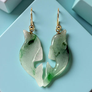 14K Yellow Gold Fishhook Good Fortune” Dolphin Jadeite Dangle Earrings