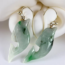 Load image into Gallery viewer, 14K Yellow Gold Fishhook "Good Fortune” Dolphin Jadeite Dangle Earrings