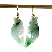 Load image into Gallery viewer, 14K Yellow Gold Fishhook "Good Fortune” Dolphin Jadeite Dangle Earrings