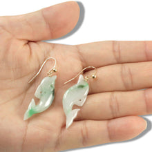 Load image into Gallery viewer, 14K Yellow Gold Fishhook "Good Fortune” Dolphin Jadeite Dangle Earrings