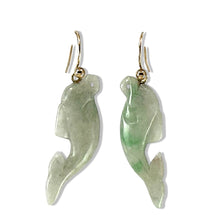 Load image into Gallery viewer, Good Fortune Dolphin Jadeite Dangle Earrings 14Kt Yellow Gold Fishhook