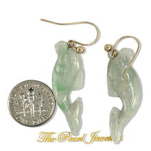 Load image into Gallery viewer, Good Fortune Dolphin Jadeite Dangle Earrings 14Kt Yellow Gold Fishhook