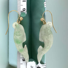Load image into Gallery viewer, Good Fortune Dolphin Jadeite Dangle Earrings 14Kt Yellow Gold Fishhook