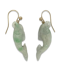 Load image into Gallery viewer, Good Fortune Dolphin Jadeite Dangle Earrings 14Kt Yellow Gold Fishhook