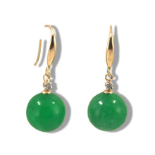 Load image into Gallery viewer, 14K Yellow Gold Sparkling Diamond Green Jade Hook Earrings