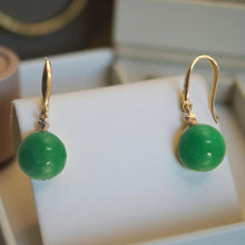 Load image into Gallery viewer, 14K Yellow Gold Sparkling Diamond Green Jade Hook Earrings