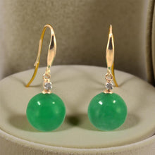 Load image into Gallery viewer, 14K Yellow Gold Sparkling Diamond Green Jade Hook Earrings