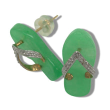 Load image into Gallery viewer, 14K Yellow Gold Diamond Flip-Flop Slipper Green Jade Stud Earrings