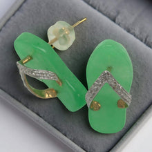 Load image into Gallery viewer, 14K Yellow Gold Diamond Flip-Flop Slipper Green Jade Stud Earrings