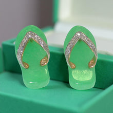 Load image into Gallery viewer, 14K Yellow Gold Diamond Flip-Flop Slipper Green Jade Stud Earrings