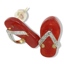 Load image into Gallery viewer, 14K Yellow Gold Diamond Flip-Flop Slipper Red Jade Stud Earrings