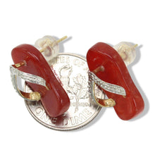Load image into Gallery viewer, 14K Yellow Gold Diamond Flip-Flop Slipper Red Jade Stud Earrings