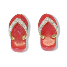 Load image into Gallery viewer, 14K Yellow Gold Diamond Flip-Flop Slipper Red Jade Stud Earrings