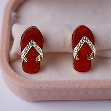 Load image into Gallery viewer, 14K Yellow Gold Diamond Flip-Flop Slipper Red Jade Stud Earrings