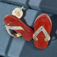 Load image into Gallery viewer, 14K Yellow Gold Diamond Flip-Flop Slipper Red Jade Stud Earrings