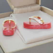 Load image into Gallery viewer, 14K Yellow Gold Diamond Flip-Flop Slipper Red Jade Stud Earrings