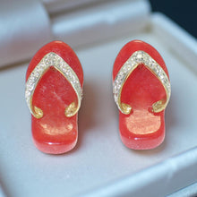 Load image into Gallery viewer, 14K Yellow Gold Diamond Flip-Flop Slipper Red Jade Stud Earrings